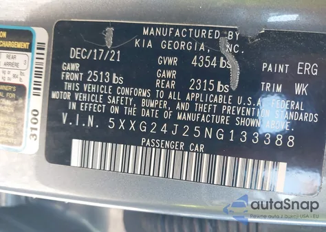 2022 Kia K5 Lx z USA, uszkodzony, nr VIN 5XXG24J25NG133388